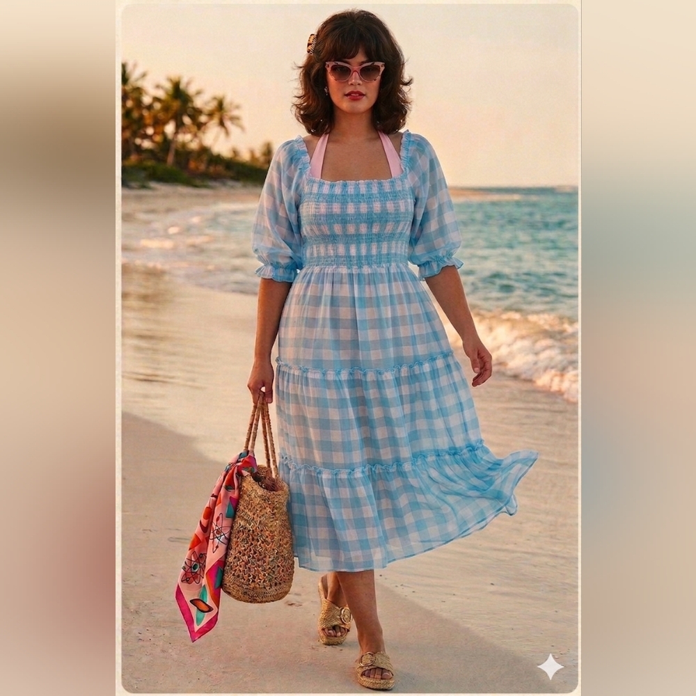 *$12 START* 6-0329 Retro Swim Coverup dress Blue Gingham Smocked Midi Dress